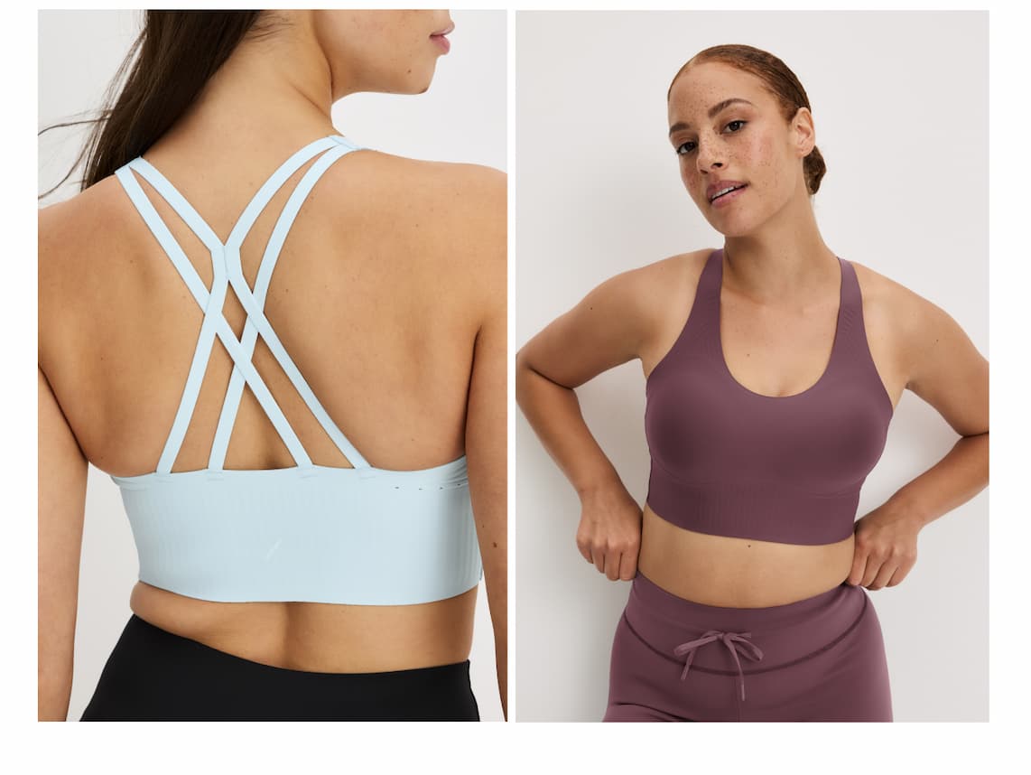Image: Front and back image showcasing the longevity bra's fit & racerback straps.