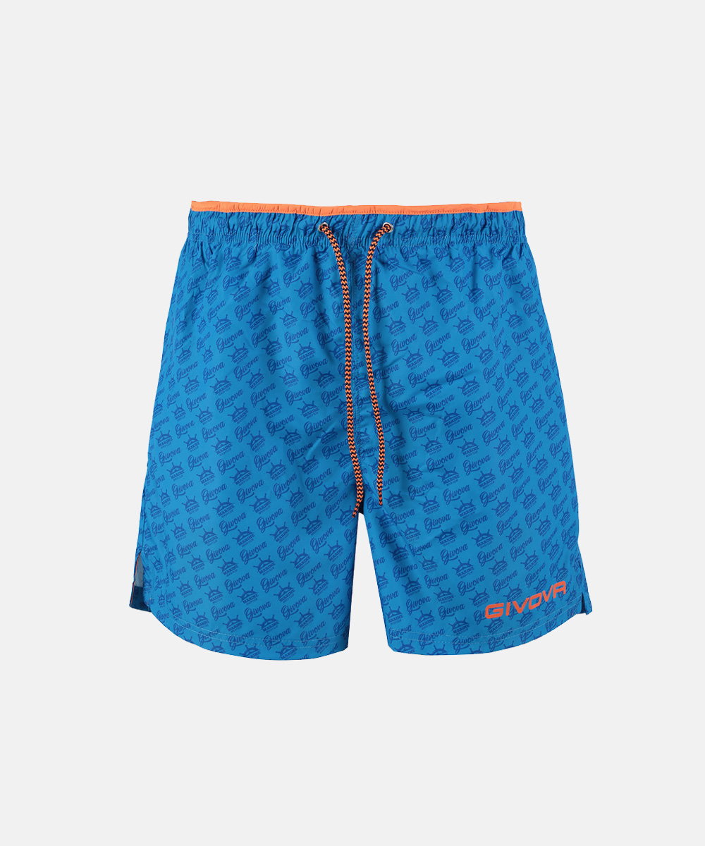 Blue men's swim shorts with repeating Givova pattern, orange elastic waistband and drawstring, Givova logo on hem