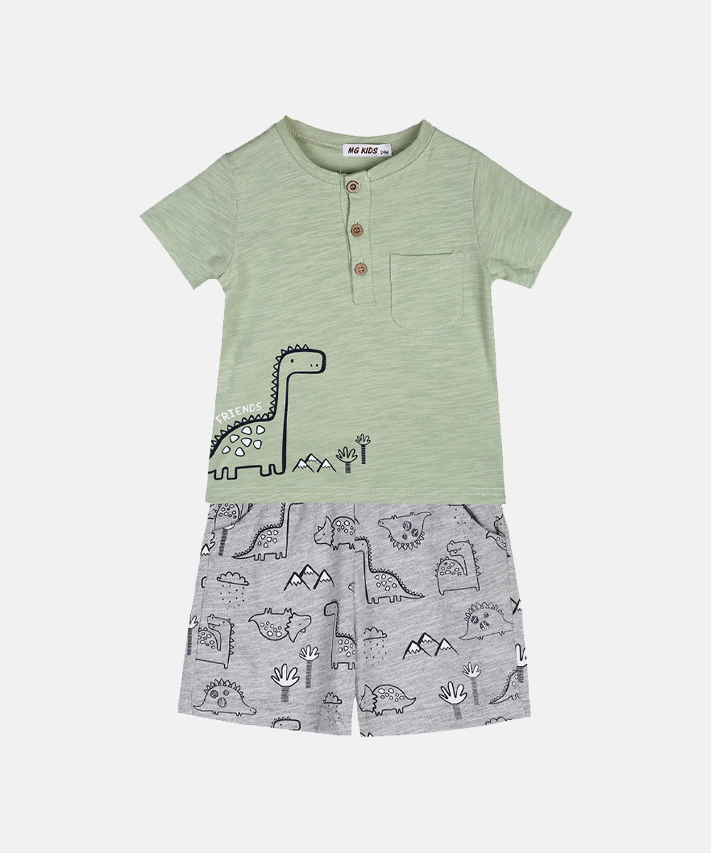 Kids two-piece pyjamas: sage green short-sleeve henley top with pocket and dinosaur print, grey dinosaur-print shorts