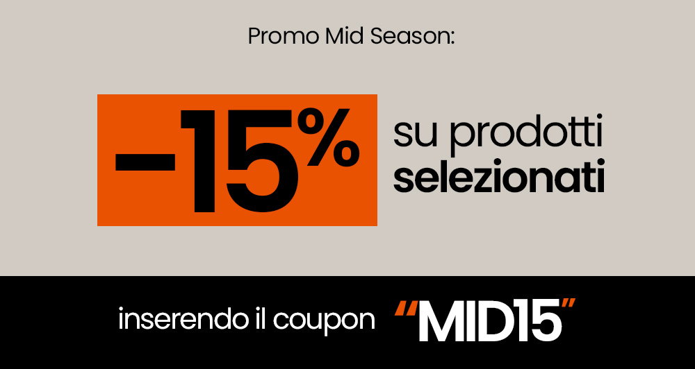 Mid-season promo banner: 15% off selected products — use coupon code MID15