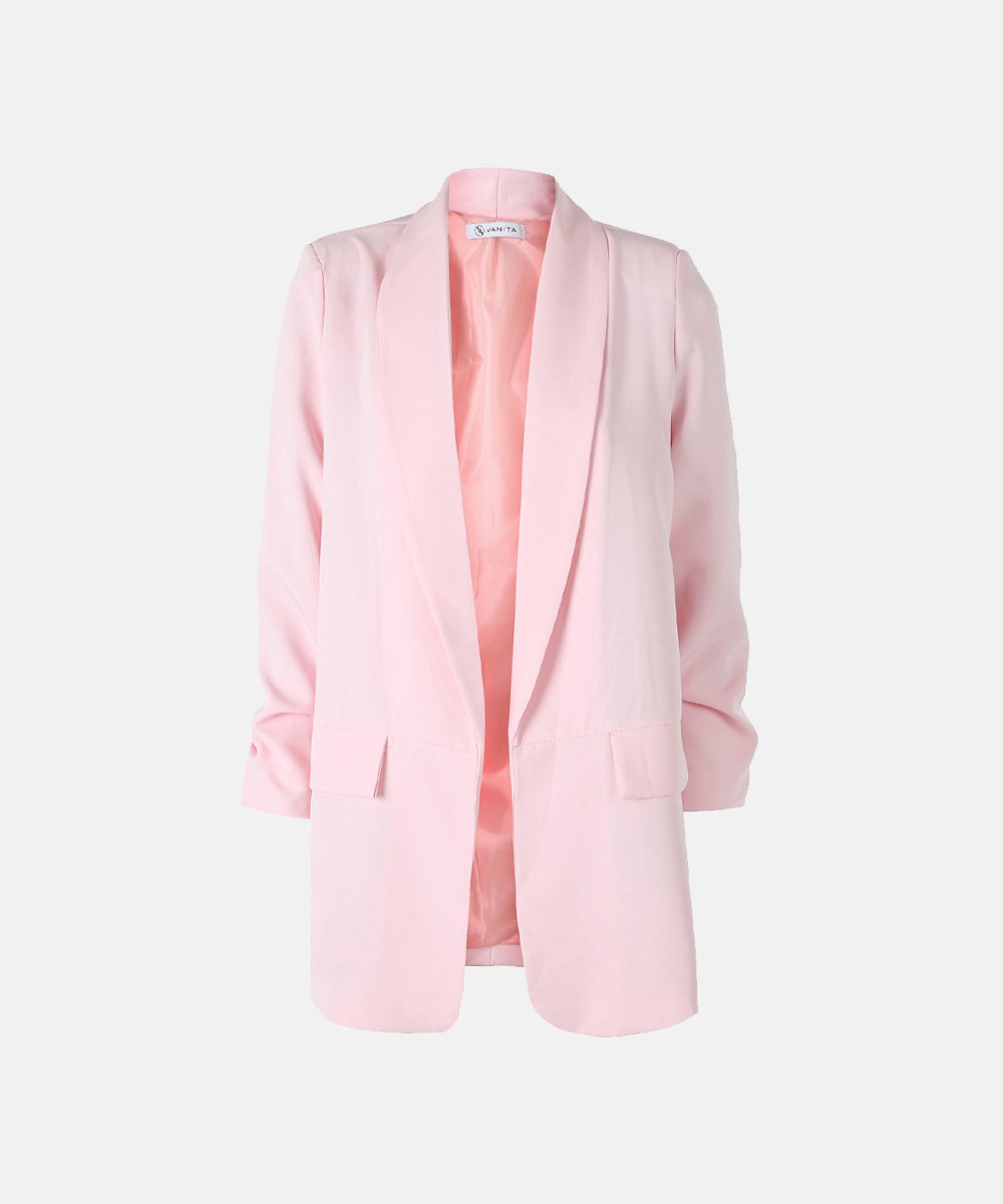 Light pink women's longline blazer with shawl collar and flap pockets on white background