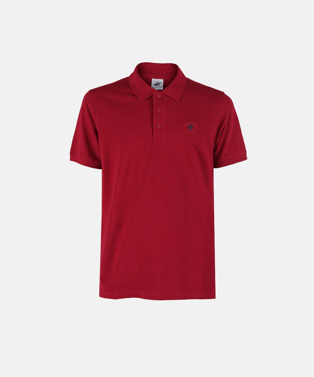 Men's red short-sleeved polo shirt with three-button placket and small embroidered chest logo on white background