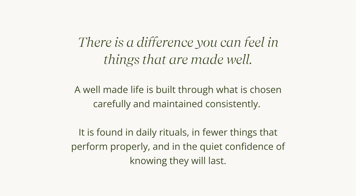 There is a difference you can feel in things that are made well. Not in the first use. Over time. When a tool settles into your hand. When a formula becomes part of your morning. When the routine stops feeling like effort and starts feeling like standard. That is what June is about for us. Our products are developed with skilled makers and independent suppliers who believe in doing things properly. No shortcuts in the formula. No compromise in the finish. The kind of care that compounds quietly over months. This summer, we are going back to that. To consistency. To the small acts that support how things last. Your hands included.