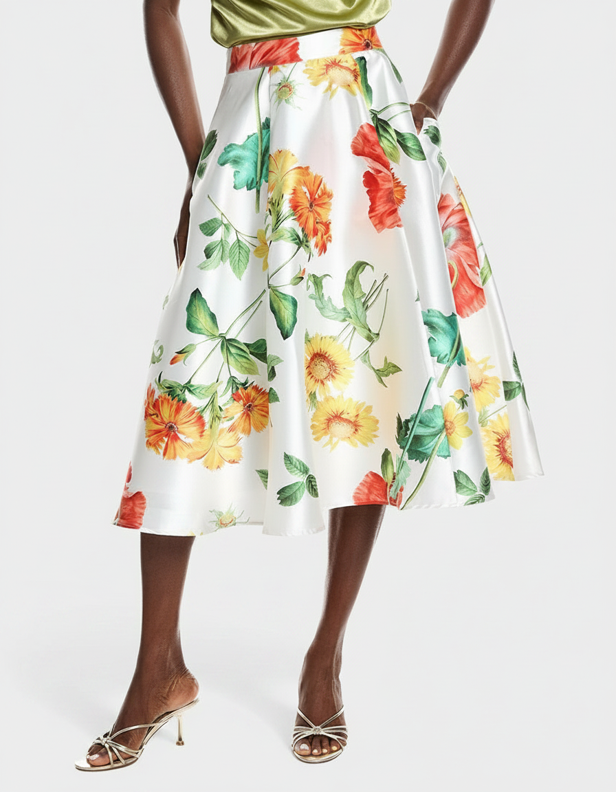 Woman in a white floral skirt and gold heels.