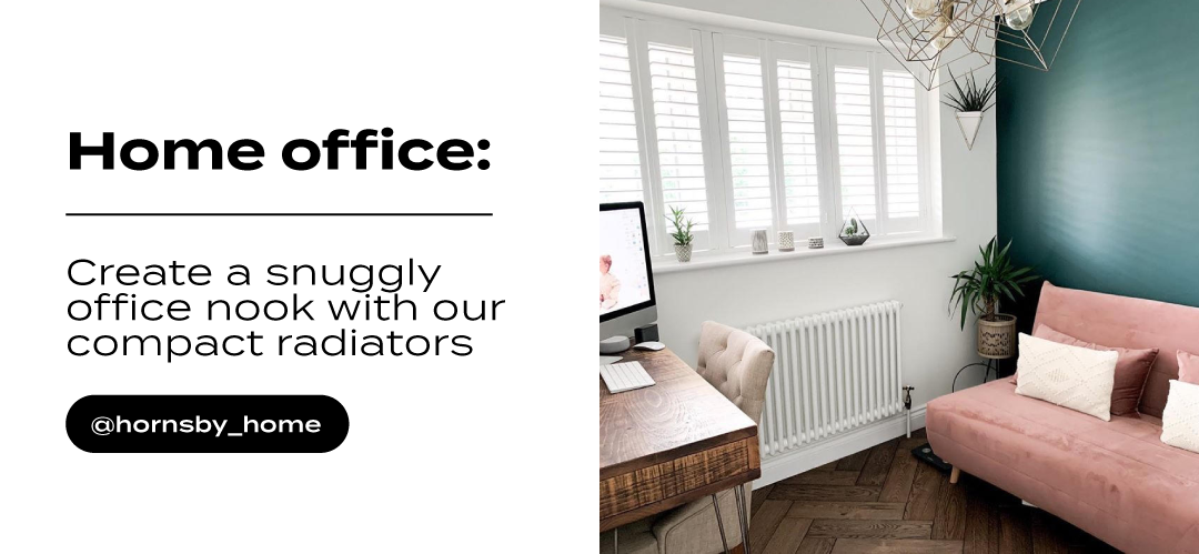 Home office with pink sofa, green wall, desk and white column radiator