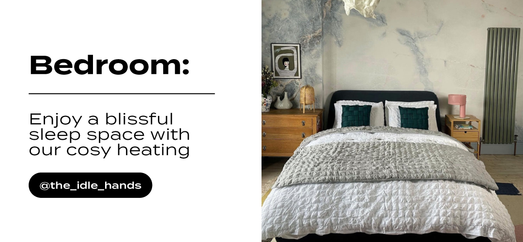 Bedroom with bed, blue and white wall and green vertical radiator