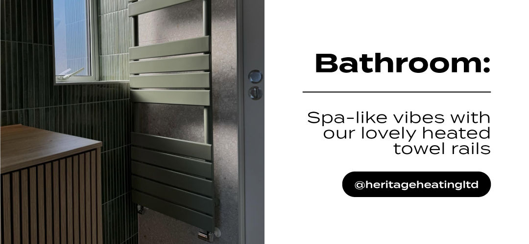 Green tiled bathroom wall with dark green heated towel rail