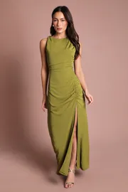 Sleeveless Ruched Midi Dress With Buckle Detail