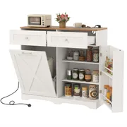 Tilt Out Trash Can Cabinet Garbage Cabinet w/ Outlets & 2 Drawers