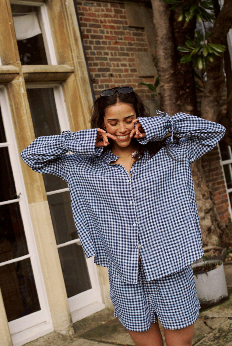 Rye Blouse: Linen, Navy Blue Gingham