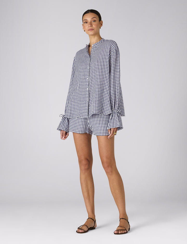 Rye Blouse: Linen, Navy Blue Gingham