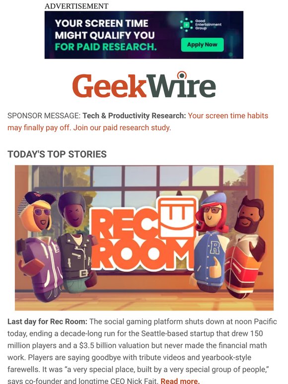 Rec Room set to go dark, and Zuckerberg’s yacht is on the move