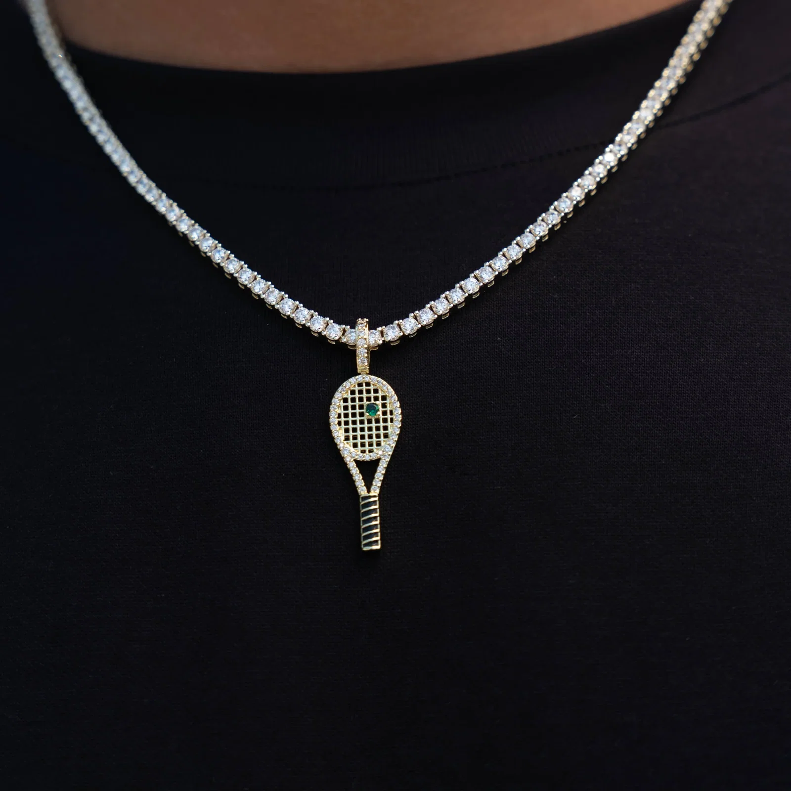Image of Iced Tennis Racket Pendant in Yellow Gold