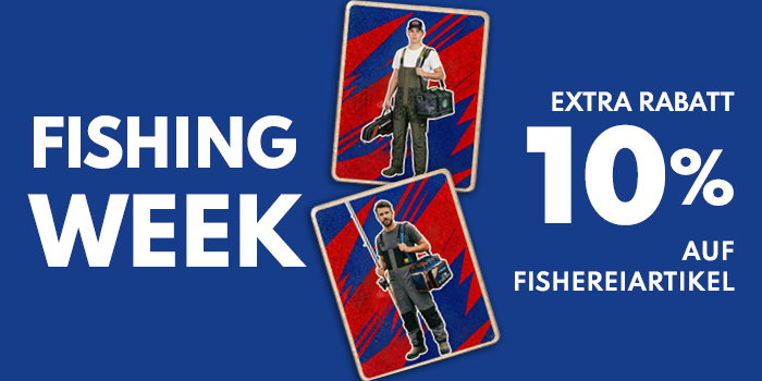 Promotional banner: Fishing Week — extra 10% off fishing gear, two anglers with tackle bags on blue background