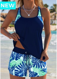 Tummy Coverage Mid Waisted Leaf Print Navy Tankini Set