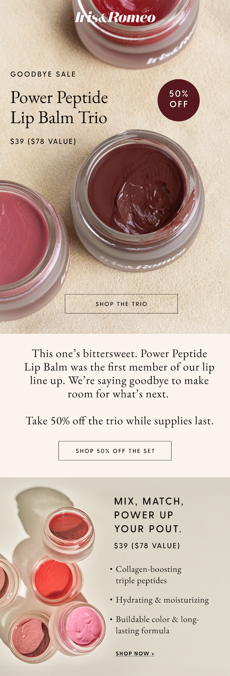 Iris & Romeo Power Peptide Lip Balm Trio on sale for 50% off.