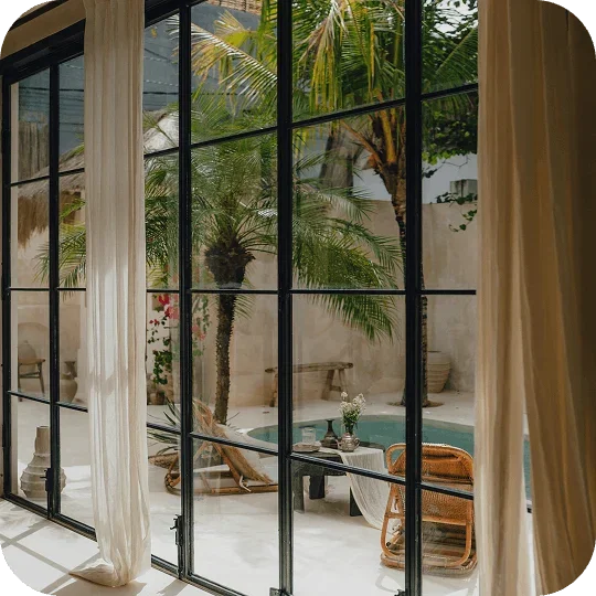 View of a pool from a hotel window