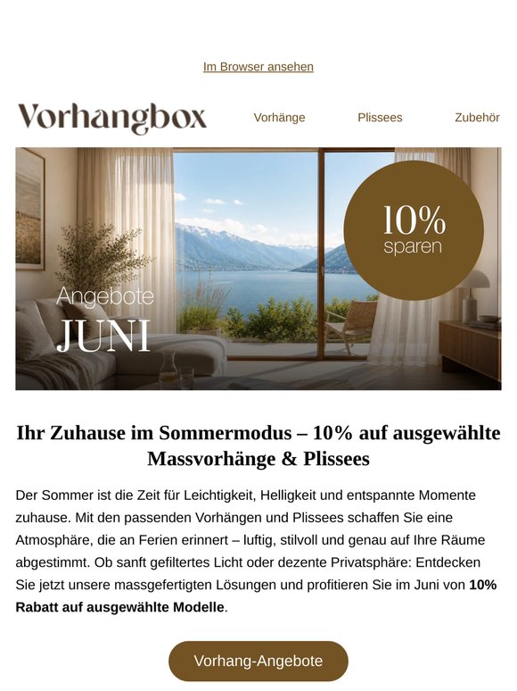 Ihr Zuhause im Sommermodus – 10% auf ausgewählte Massvorhänge & Plissees“