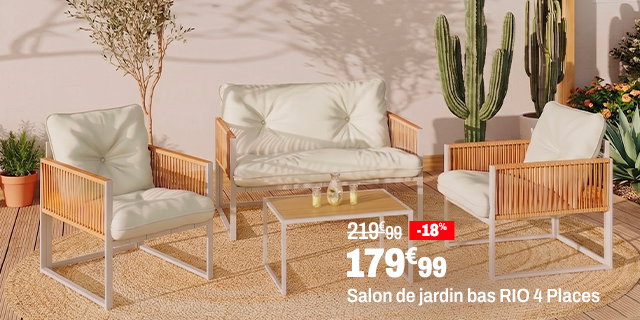 ID MARKET Salon De Jardin Bas Rio 4 Places Structure Métal Blanc, Cordage Effet Rotin Clair Et Coussins Beiges