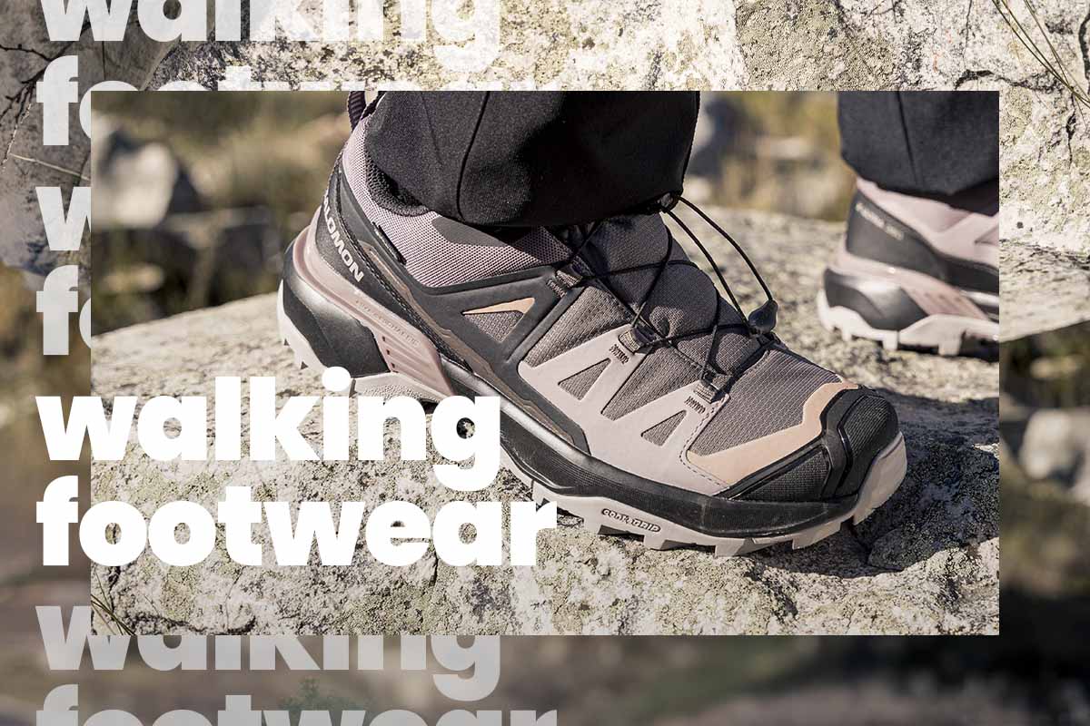 Close-up of a Salomon walking shoe on rocky terrain, highlighting grip and durability, with repeated background text reading 'Walking footwear