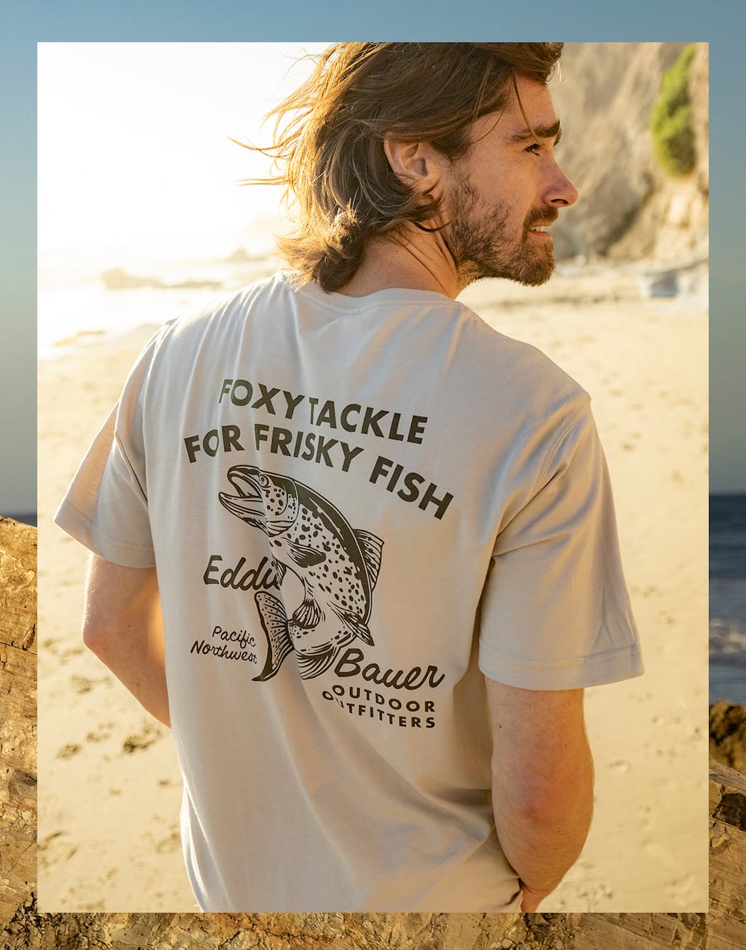 Man in Eddie Bauer graphic tee