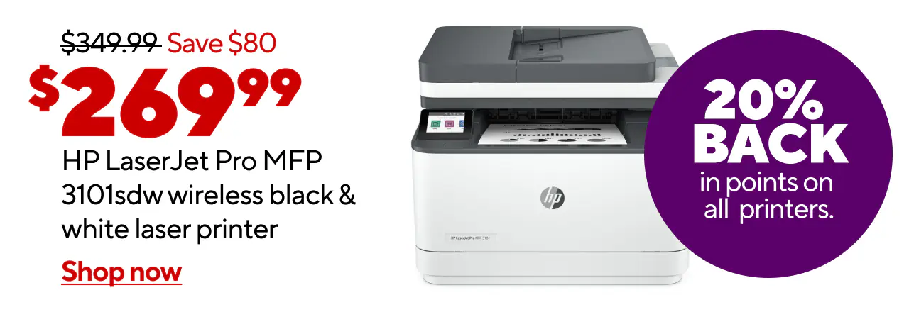$349.99 Save $80
$269.99
HP LaserJet Pro MPF 3101sdw wireless black & white laser printer