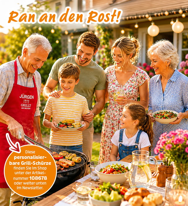 Familie beim Grillen mit personalisierter Grillschürze