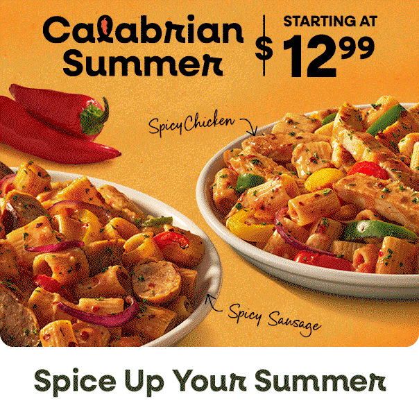 Olive Garden Calabrian pasta dishes with spicy chicken and sausage, promoting “Calabrian Summer” starting at $12.99.
