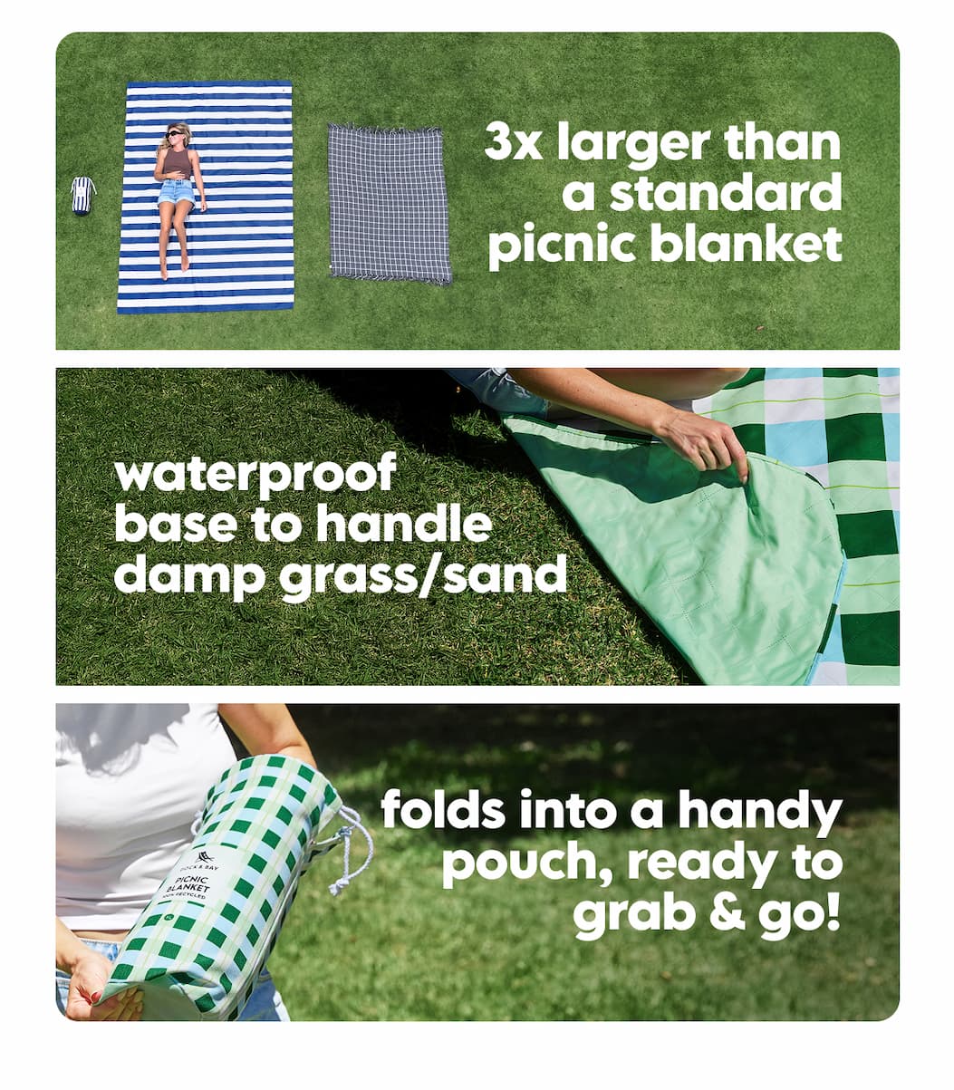 PICNIC BLANKETS 3X LARGER, WATERPROOF BASE, FOLD DOWN SMALL