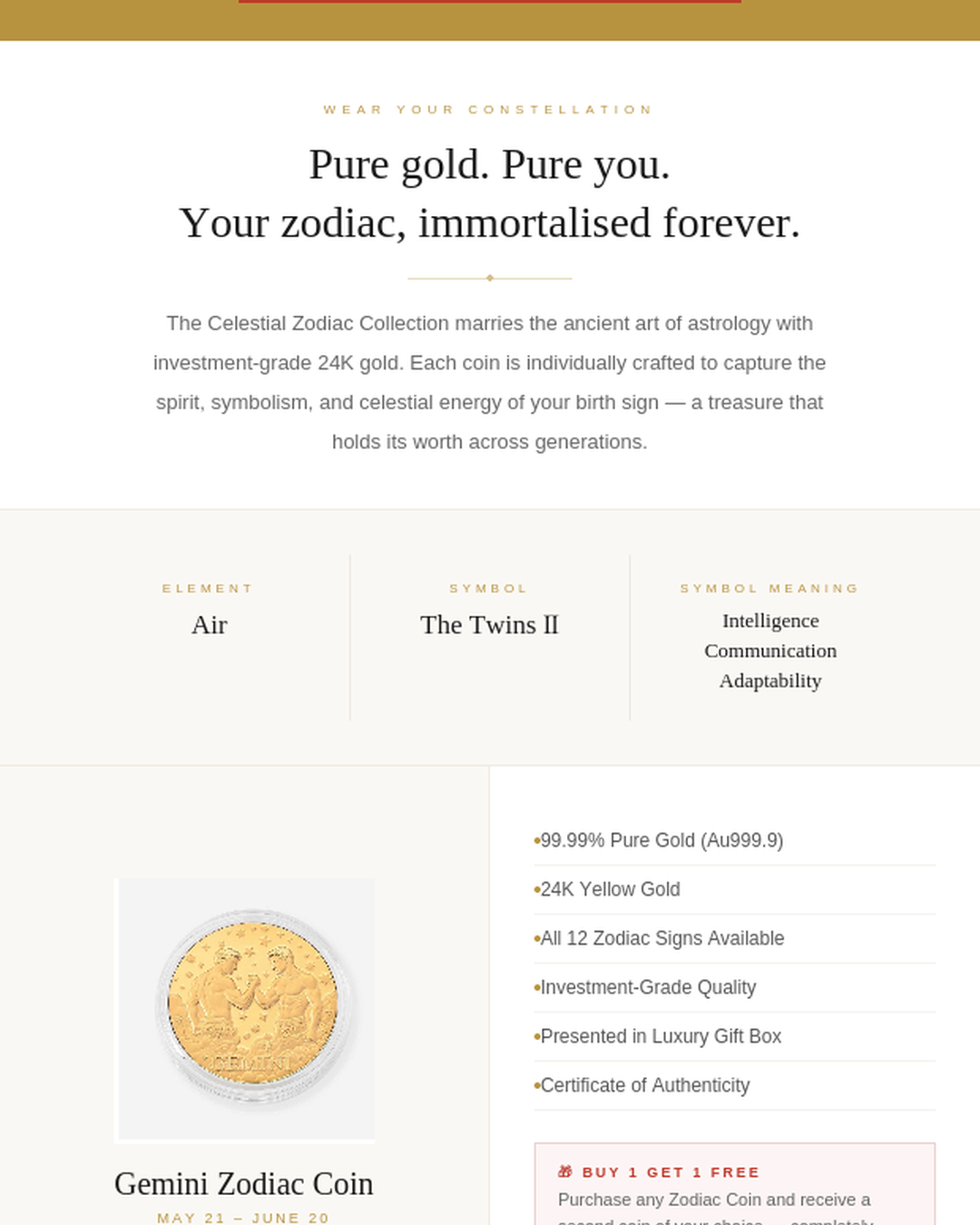New 24K Yellow Gold (99.99% Gold Purity) Zodiac Sign Coin