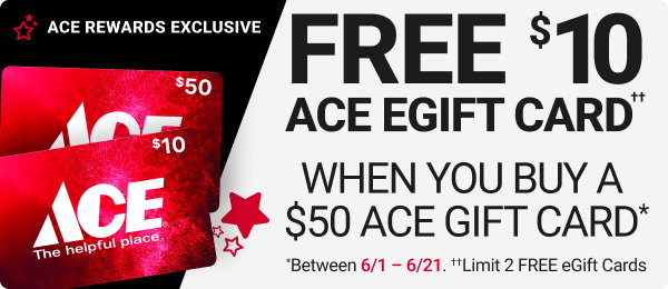 Ace Rewards Exclusive
FREE $10 Ace EGift Card when you buy a $50 Ace gift card*

*Between 6/1-6/21. Limit 2 free eGift Cards.