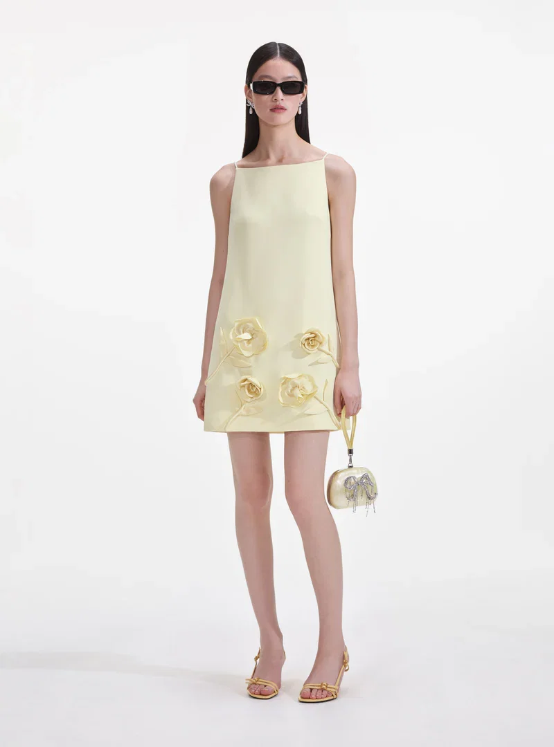 YELLOW CREPE FLOWER MINI DRESS