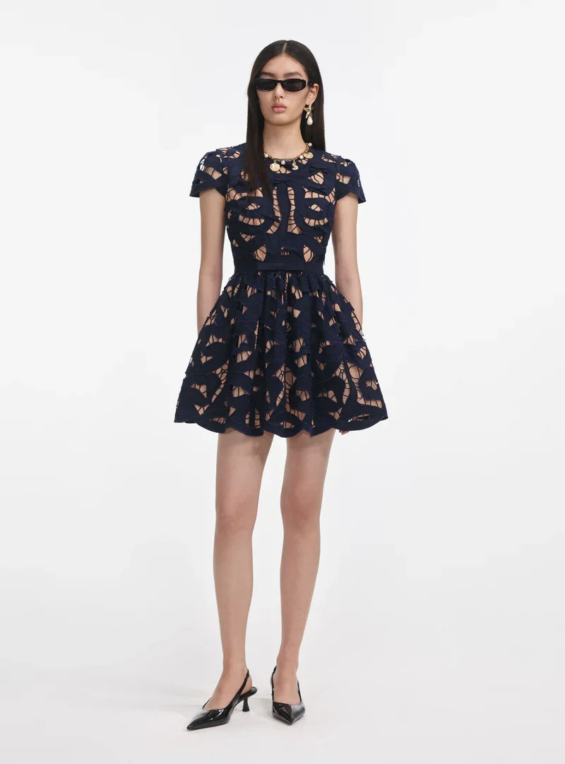 NAVY BOW EMBROIDERED MINI DRESS