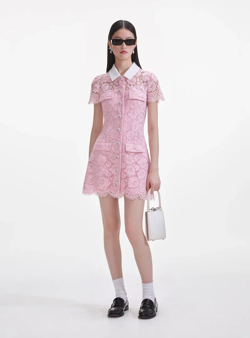 PINK LACE CONTRAST COLLARED MINI DRESS