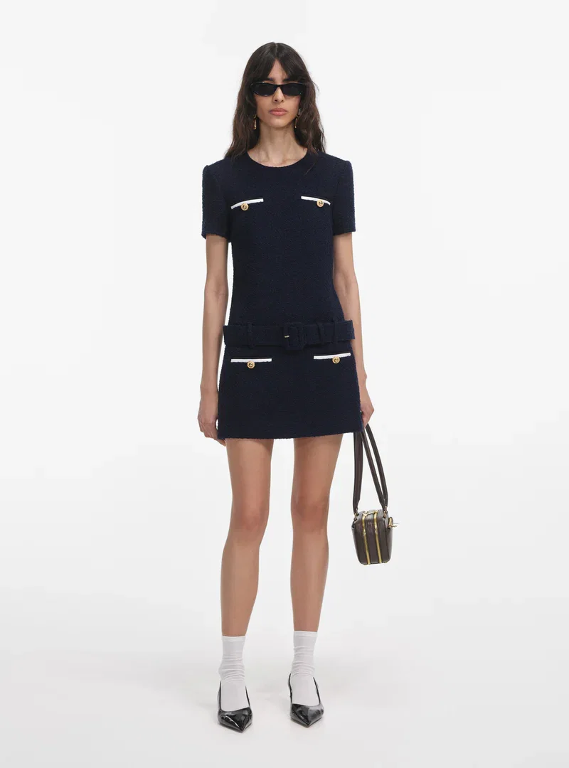 NAVY BOUCLE MINI DRESS