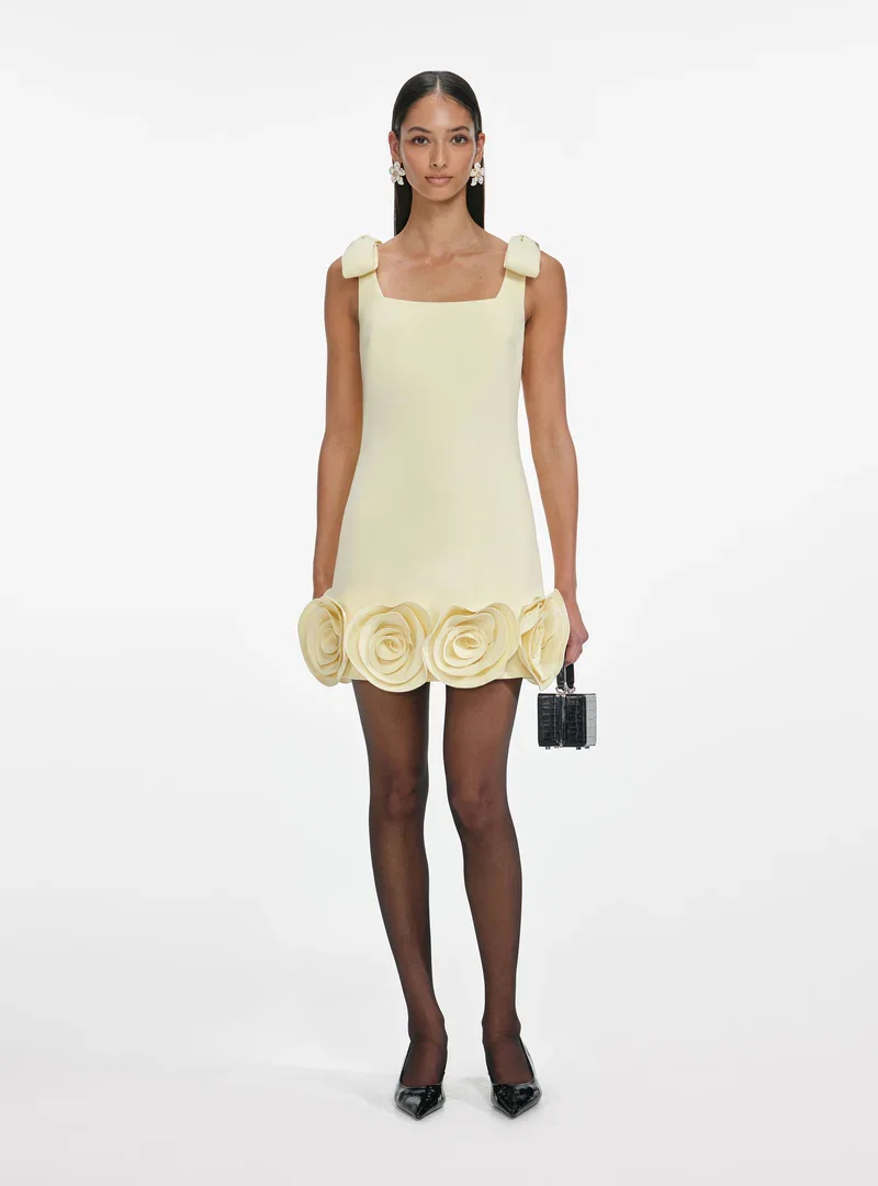 YELLOW CREPE 3D FLOWER MINI DRESS
