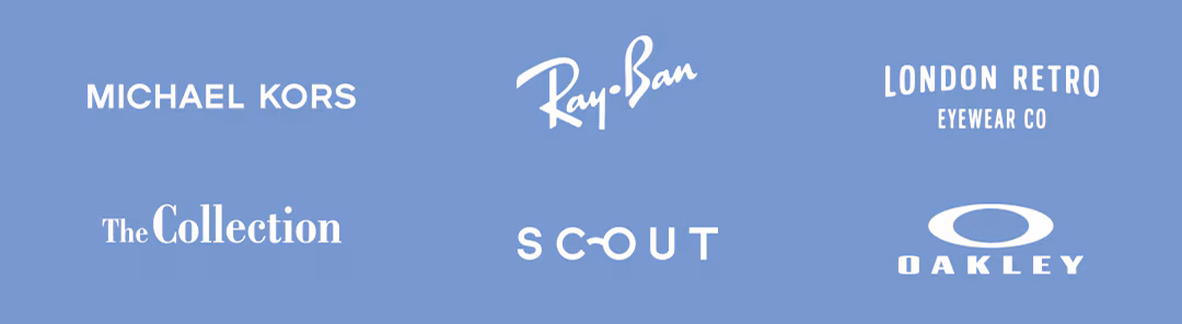 A collection of brand logos: Michael Kors, Ray-Ban, London Retro, The Collection, Scout and Oakley