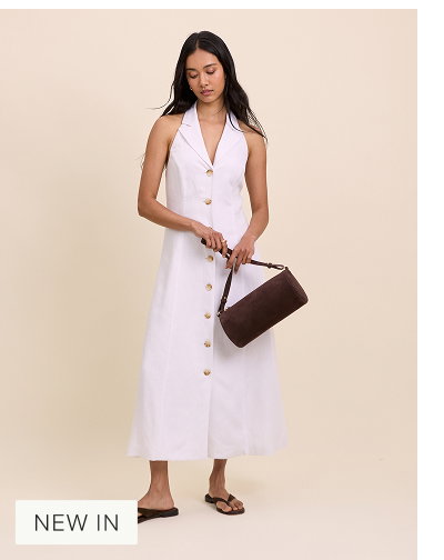 White Linen-Blend Halterneck Tailored Midi Dress