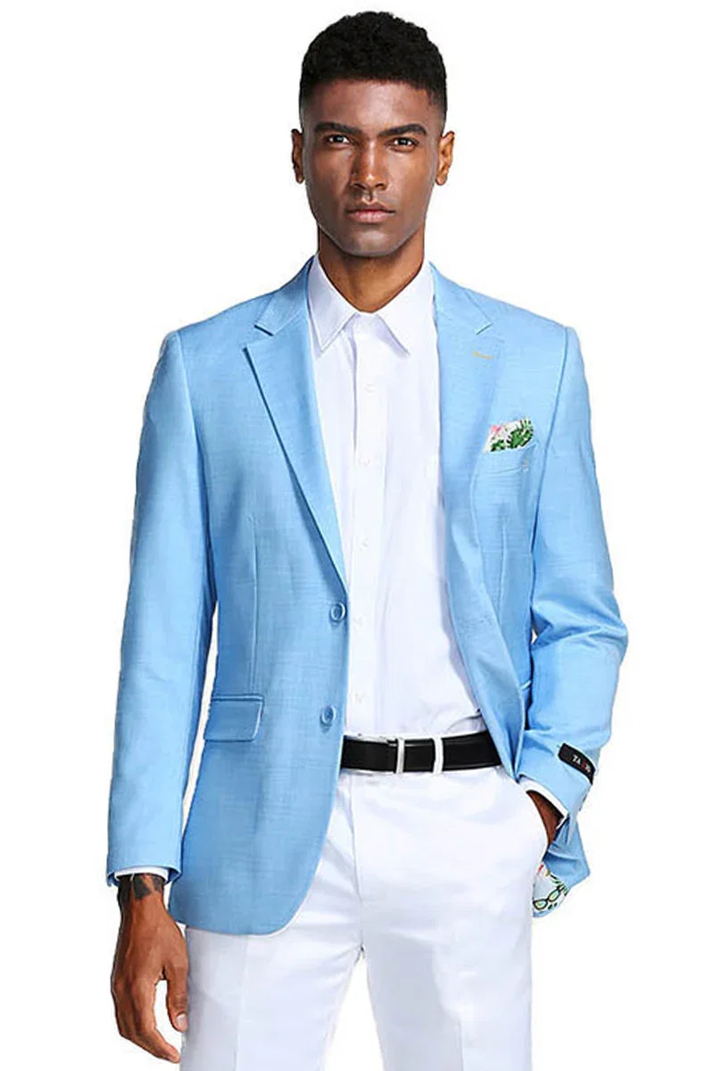 Men's Two Button Slim Fit Linen Style Summer Blazer in Sky Blue