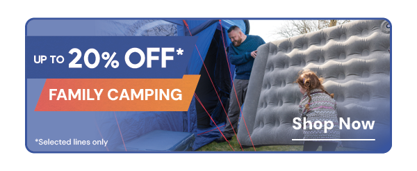 UP TO 20% OFF FAMILY CAMPING* *Selected Lines Only. A man and his daughter carry a Hi Gear Deluxe Double Airbed into a Berghaus Air 400 Nightfall 4-Person Tent.