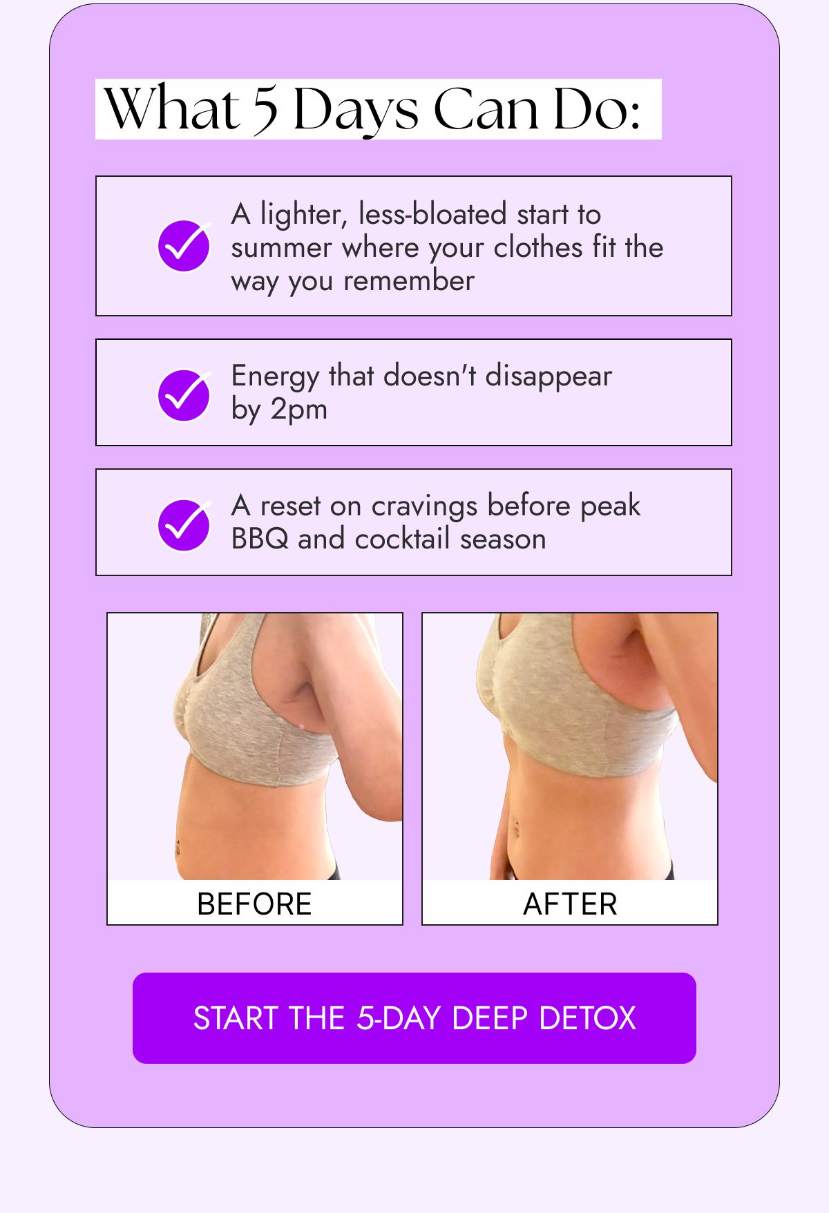 Text about a 5-day detox with before and after images showing body transformation.