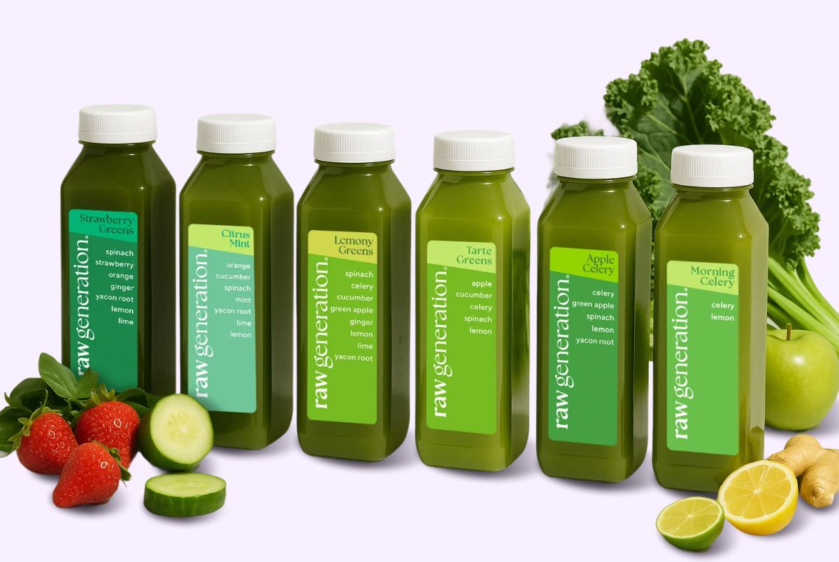 Six green juice bottles with various flavors and ingredients, surrounded by fresh fruits and vegetables.