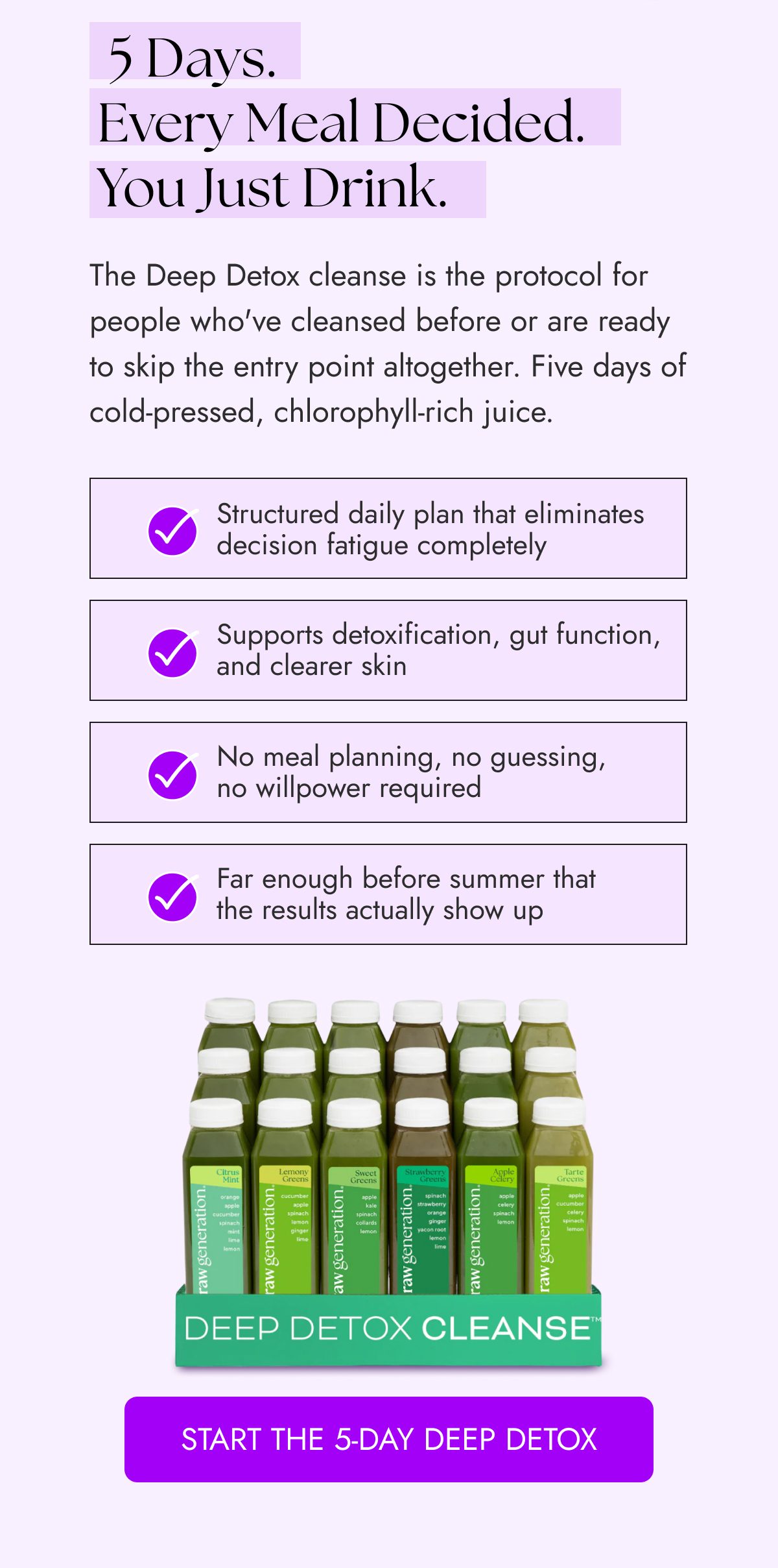 Text about a 5-day detox cleanse with benefits and a product image.