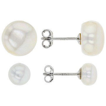 6-10mm White Cultured Freshwater Pearl Rhodium Over Sterling Silver Earring Set of 2