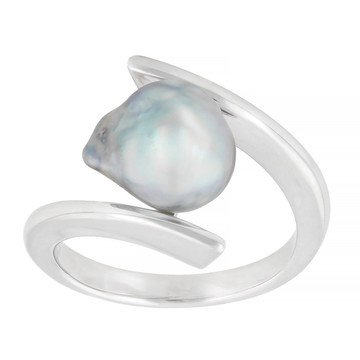 Platinum Cultured Japanese Akoya Pearl Rhodium Over Sterling Silver Bypass Ring