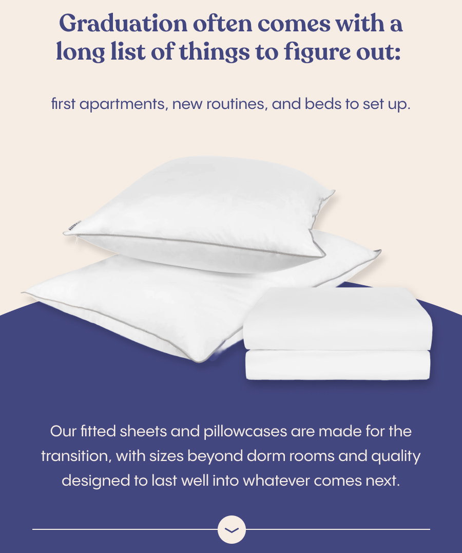 Graduation often comes with a long list of things to figure out: first apartments, new routines, and beds to set up. Our fitted sheets and pillowcases are made for the transition, with sizes beyond dorm rooms and quality designed to last well into whatever comes next.