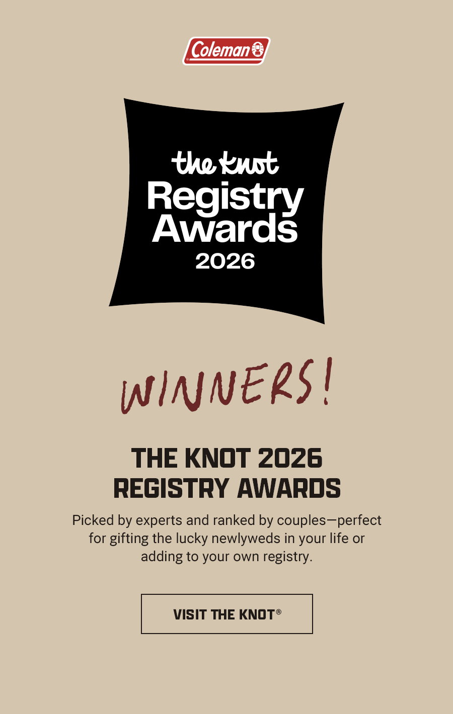 The knot registry awards 2026 announcement with winners text, description, and visit the knot button.