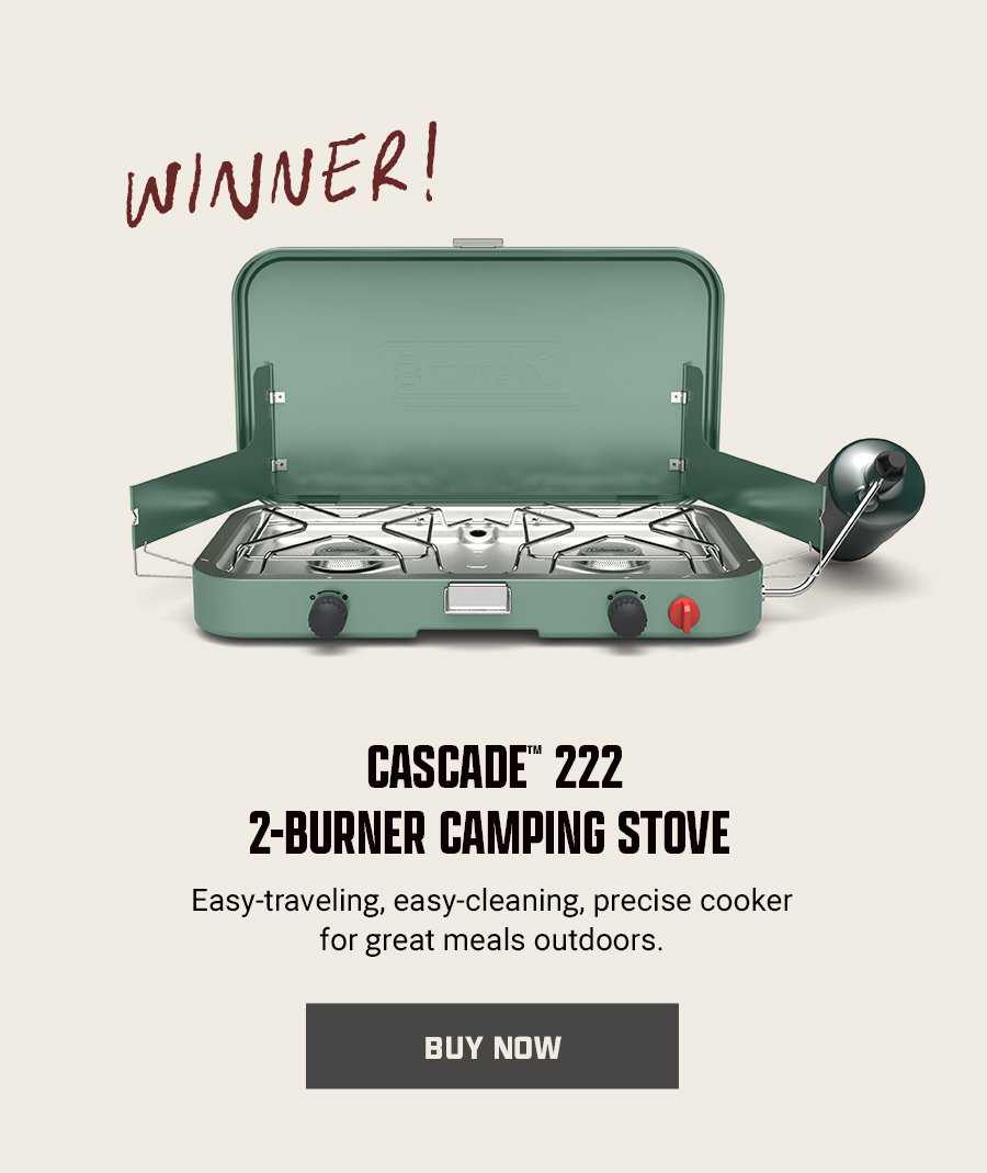 Winner text above an open Cascade 222 2-burner camping stove with buy now button below.