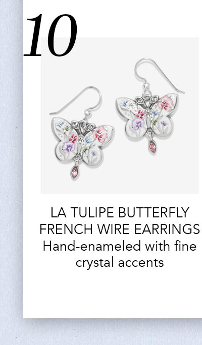 Ten: La Tulipe Butterfly French Wire Earrings - Hand-enameled with fine crystal accents.
