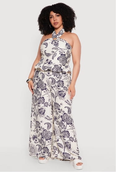 Shop Plus Size Printed Pattern Wide Leg Casual Pants